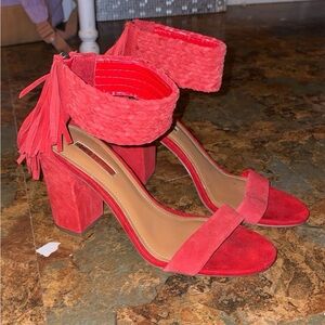 BCBGeneration Red Suede Braided Ankle-Strap Block Heels